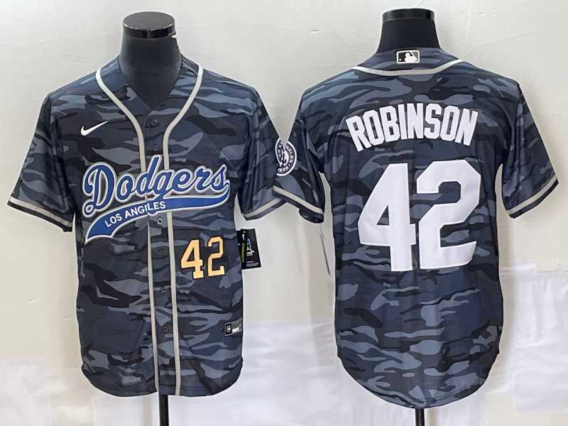 Mens Los Angeles Dodgers #42 Jackie Robinson Number Grey Camo Cool Base With Patch Stitched Baseball Jersey